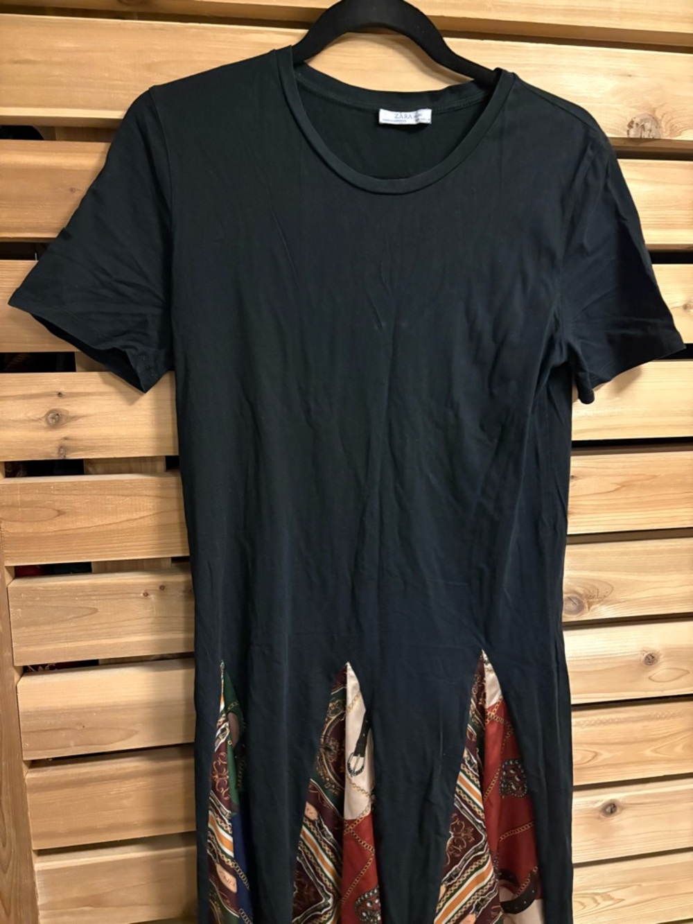 Zara Basic Black Short-Sleeve Midi Dress with Multicolor Handkerchief Inset - Picture 3 of 5
